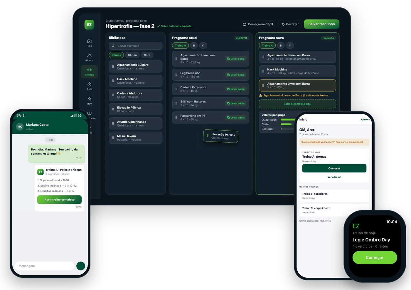 O ecossistema EZ Personal: app do personal no tablet, treino no WhatsApp, EZ Aluno no iPhone e no Apple Watch