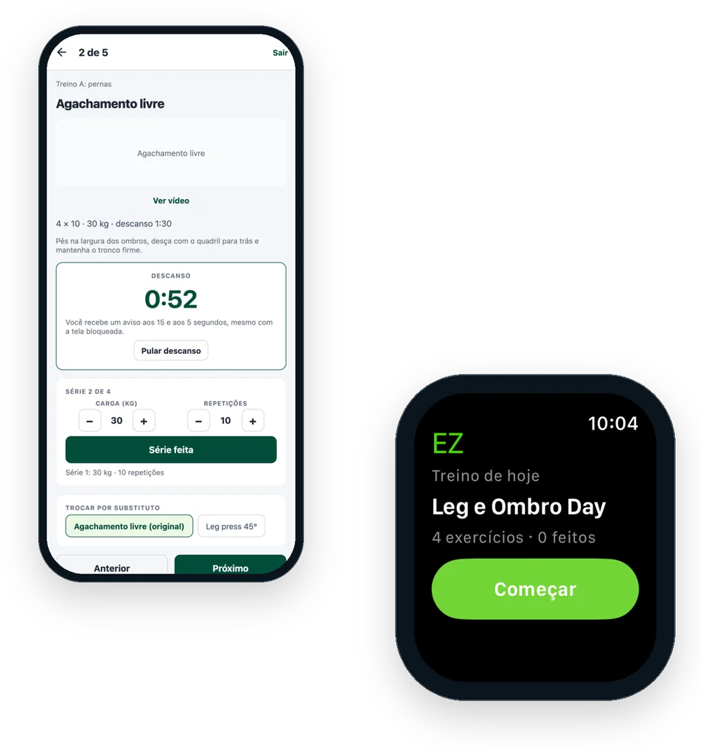 EZ Aluno no iPhone com o descanso cronometrado e no Apple Watch com o treino de hoje