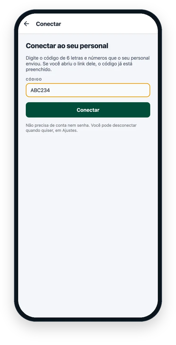 EZ Aluno no iPhone: conectar ao personal com o código de 6 letras e números