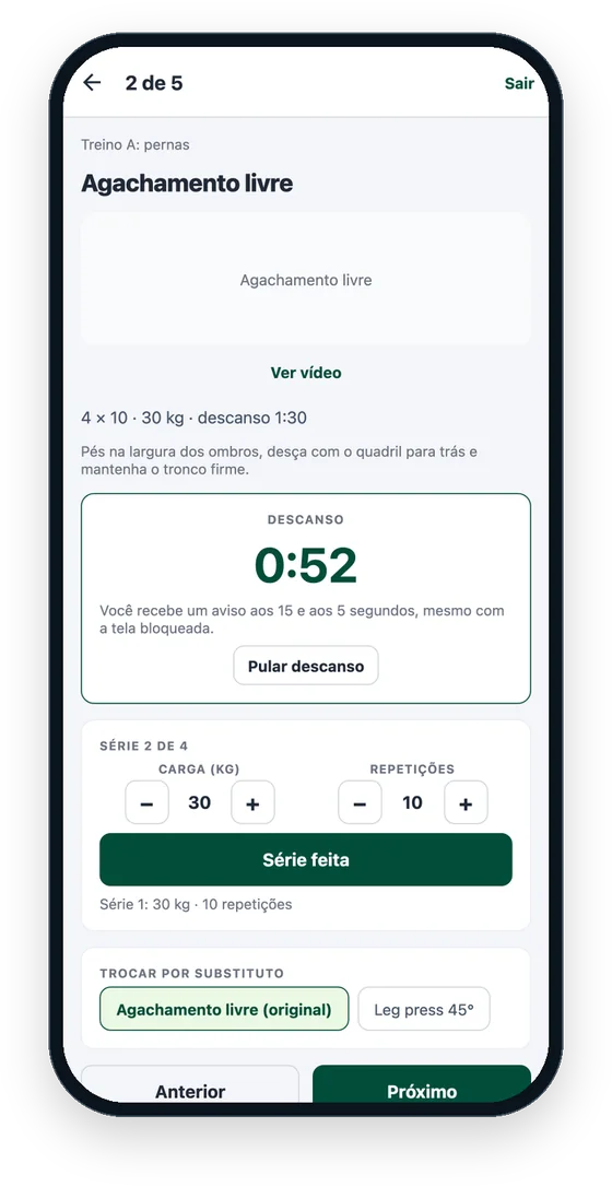 EZ Aluno no iPhone: descanso cronometrado entre as séries, com carga e repetições