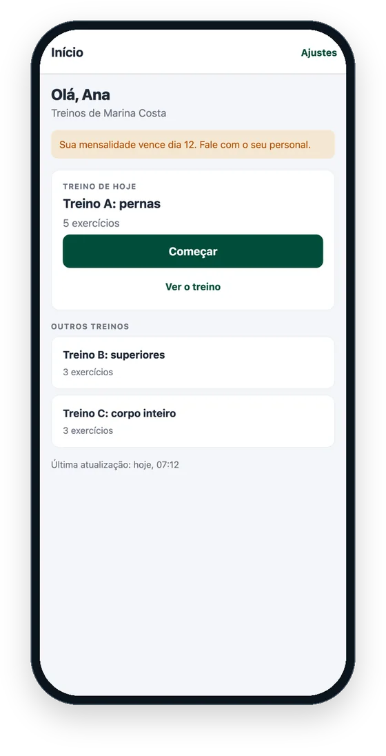 EZ Aluno no iPhone: tela Início com o treino de hoje