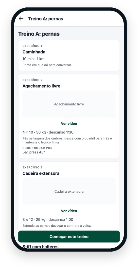 EZ Aluno no iPhone: lista de exercícios do treino com vídeo, séries e carga
