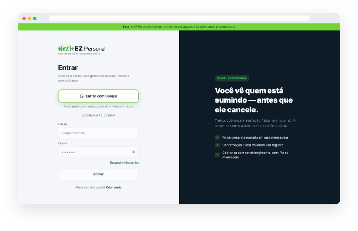 Plataforma web do EZ Personal: tela de entrada do painel no navegador