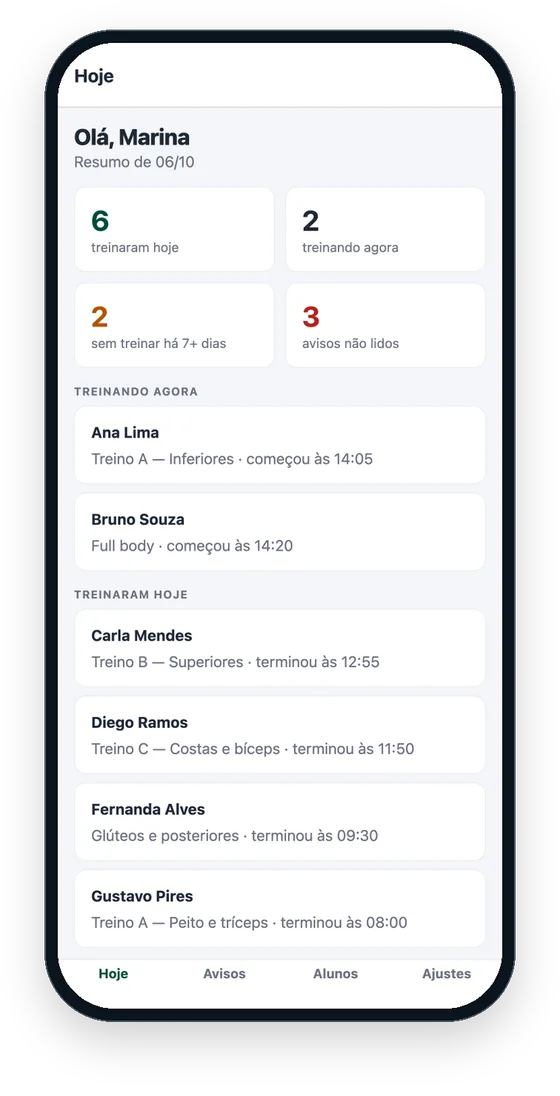 App do personal no iPhone: resumo de hoje com quem treinou e quem está sumido