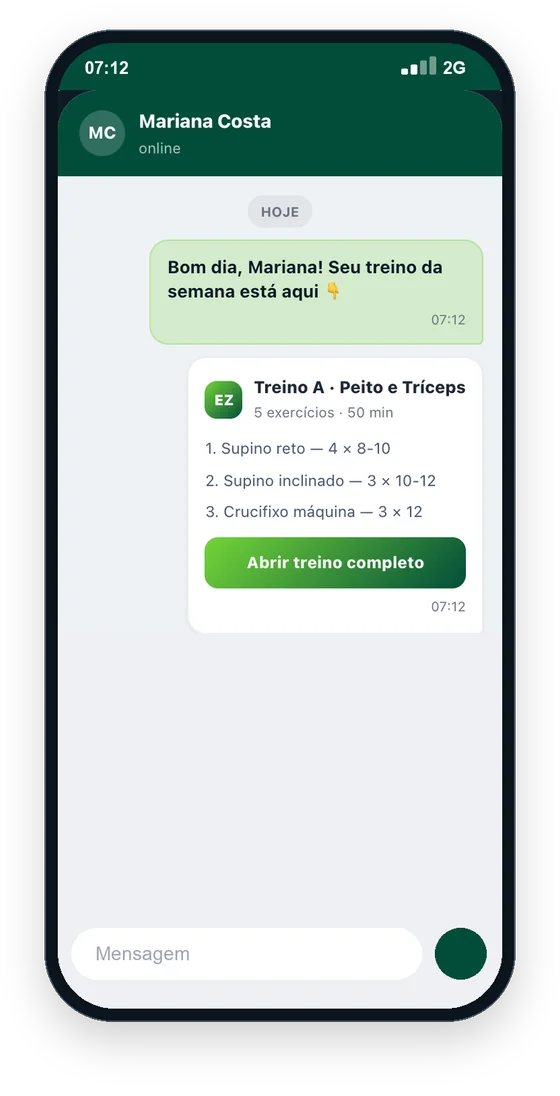Treino do dia escrito no WhatsApp do aluno, com sinal 2G, e o botão para abrir o treino completo